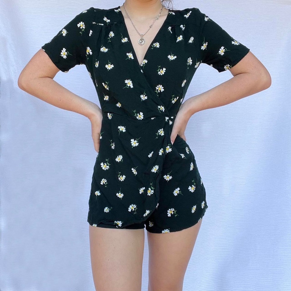 Greenish-black floral romper
